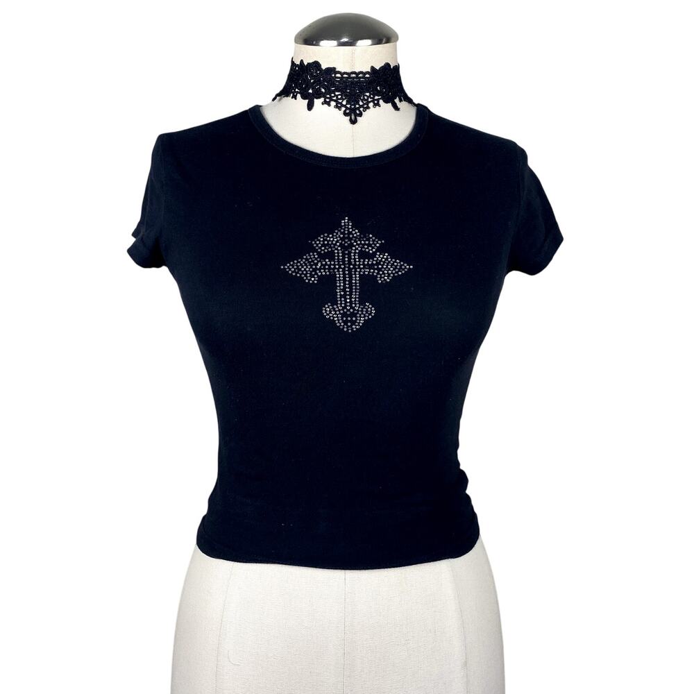 Grunge Y2K Style Rhinestone Cross Baby Tee Emo Goth Alt Punk Black Sz XS